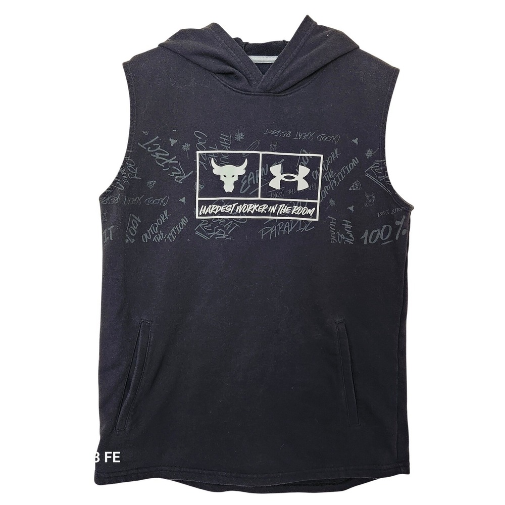 Under Armour Project Rock Sleeveless Hoodie Boys YXL Black Hardest Worker